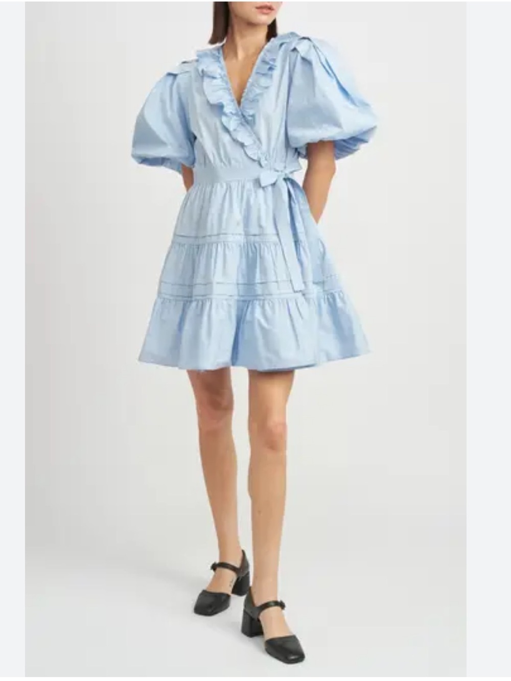 En Saison Baby Blue Tiered Ruffle Wrap Miniskirt